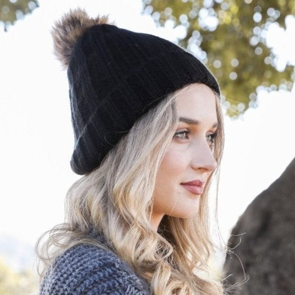 Black Faux Fur Ribbed Beanie